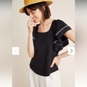 NWT Anthropologie Maeve Sherman Flutter Sleeve Contrast Stitch Black White Top M